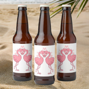 Rótulo Para Garrafa De Cerveja Casamento de Verão Rosa Fofo de Flamingos Tropicai