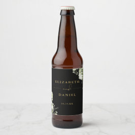 Rótulo Para Garrafa De Cerveja Casamento De Verde Floral Dourado E Negro Elegante