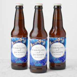 Rótulo Para Garrafa De Cerveja Casamento Dourado Azul Moderno com Aquarela