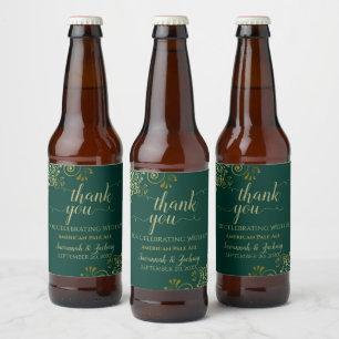Rótulo Para Garrafa De Cerveja Casamento Elegante Lacy Dourado Emerald Green Obri