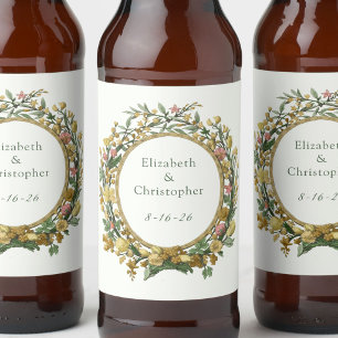 Rótulo Para Garrafa De Cerveja Casamento Floral Amarelo Elegante Vintage