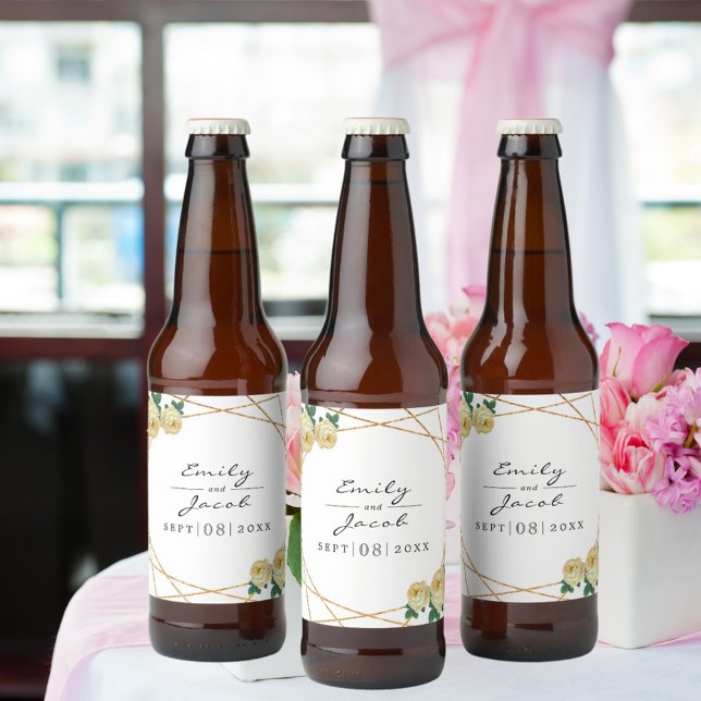 Rótulo Para Garrafa De Cerveja Casamento Floral Amarelo Glitter Geo Dourado Elega (Elegant Gold Glitter Geo Yellow Floral Wedding Beer Bottle Label)
