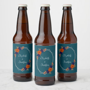 Rótulo Para Garrafa De Cerveja Casamento Floral Azul de Marinho Laranja de Outono