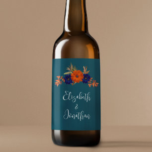 Rótulo Para Garrafa De Cerveja Casamento Floral Azul de Marinho Laranja de Outono