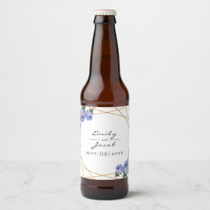 Rótulo Para Garrafa De Cerveja Casamento Floral Azul Geométrico Dourado Elegante
