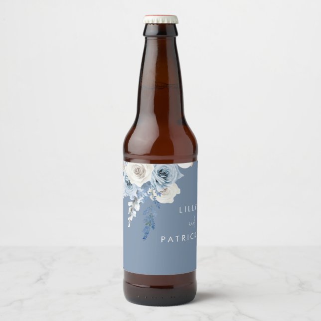 Rótulo Para Garrafa De Cerveja Casamento Floral de Aguarela Boho Azul Empoeirado (Frente)