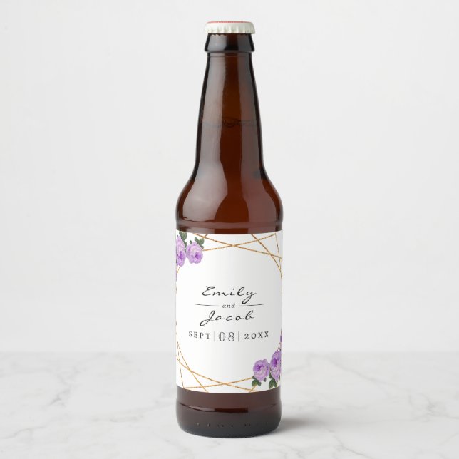 Rótulo Para Garrafa De Cerveja Casamento Floral Dourado Elegante Geo Purple (Frente)