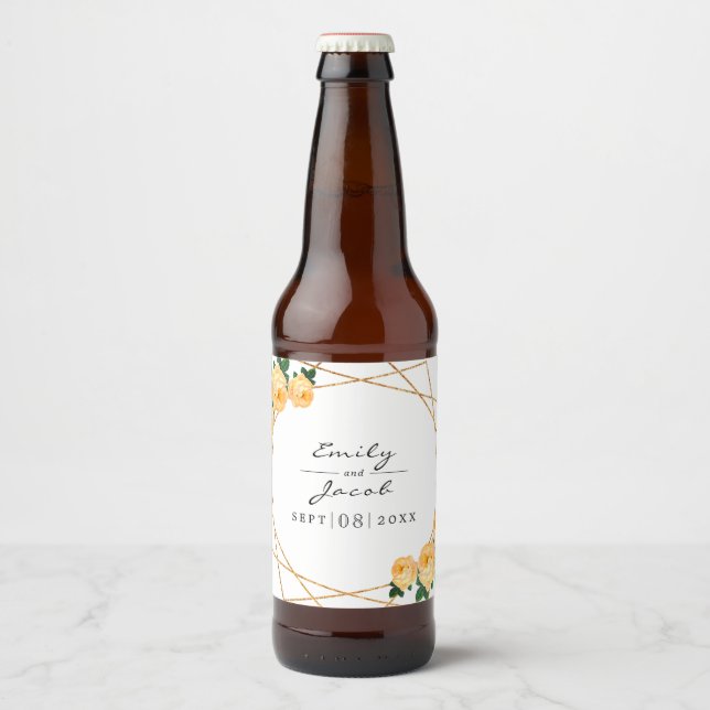 Rótulo Para Garrafa De Cerveja Casamento Floral Elegante Dourado Geo Orange (Frente)