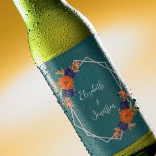 Rótulo Para Garrafa De Cerveja Casamento Floral Laranja Azul Naval Outono Rústico