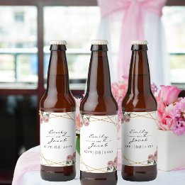 Rótulo Para Garrafa De Cerveja Casamento Floral Rosa-Rosa Geométrico Dourado Eleg