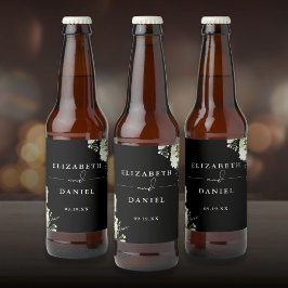 Rótulo Para Garrafa De Cerveja Casamento Floral Verde Elegante Preto e Branco