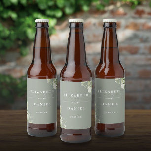 Rótulo Para Garrafa De Cerveja Casamento Floral Verde Oliva Elegante