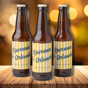 Rótulo Para Garrafa De Cerveja Casamento Listra de Pêssego Retrô Azul Meia-Noite