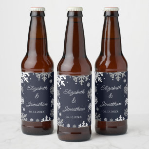 Rótulo Para Garrafa De Cerveja Casamento no inverno marinho Azul Flocos de Neve
