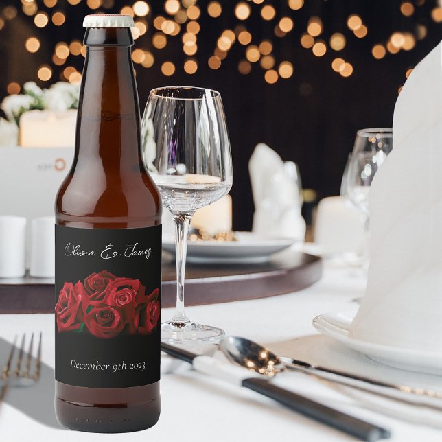 Rótulo Para Garrafa De Cerveja Casamento Preto Branco da Rosa vermelha (Criador carregado)