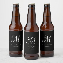 Rótulo Para Garrafa De Cerveja Casamento Simples de Script Monograma Preto e Bran