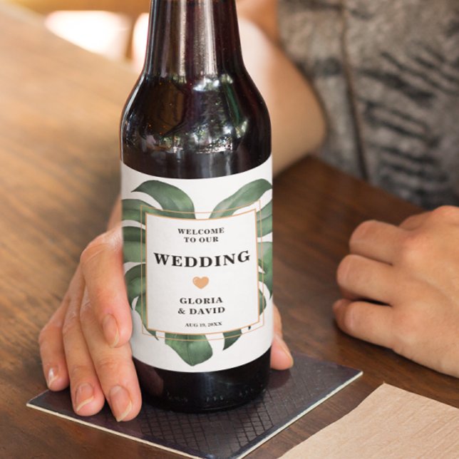 Rótulo Para Garrafa De Cerveja Casamento Tropical Palm Leaf Monstera (Criador carregado)