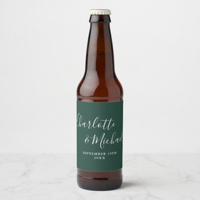 Rótulo Para Garrafa De Cerveja Casamento Verde Elegante do Script de Assinatura E (Frente)
