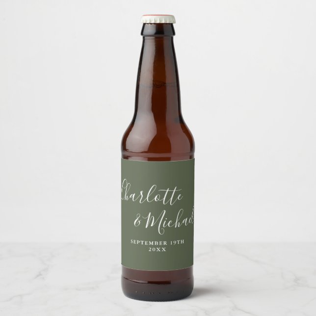 Rótulo Para Garrafa De Cerveja Casamento Verde Oleícola de Script de Assinatura E (Frente)