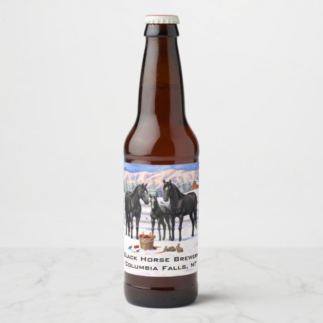 Rótulo Para Garrafa De Cerveja Cavalos Do Quarto Negro Na Neve (Frente)
