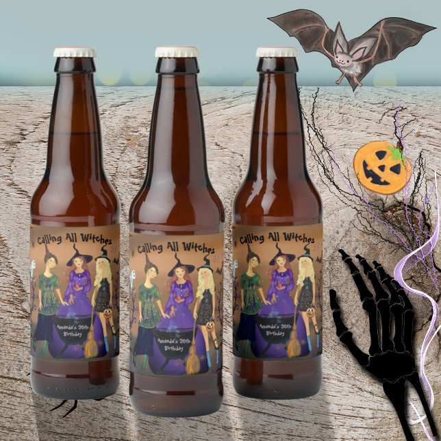 Rótulo Para Garrafa De Cerveja Chamando todas as bruxas para o aniversário do Dia (Calling All Witches Halloween Birthday Beer Bottle Label)
