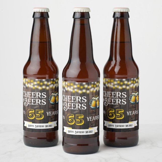 Rótulo Para Garrafa De Cerveja Cheers and Beers to 65 Years Rustic Birthday (Garrafas)