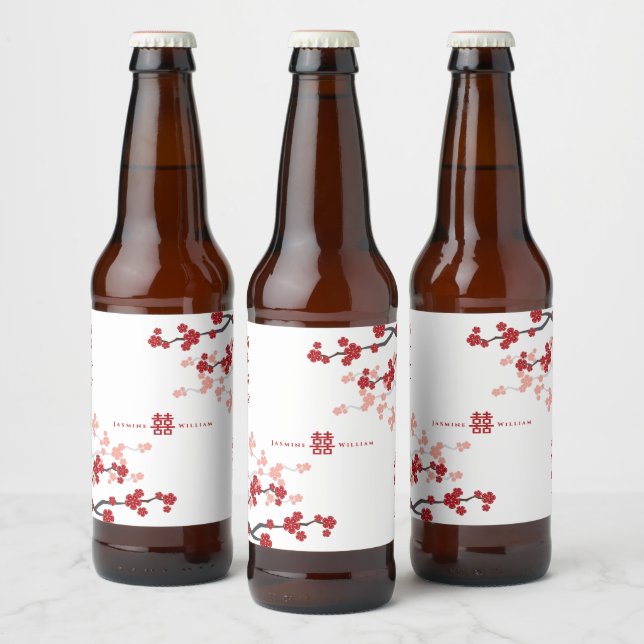 Rótulo Para Garrafa De Cerveja Cherry Blossoms Casamento Chinês de Dupla Felicida (Garrafas)