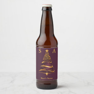 Rótulo Para Garrafa De Cerveja Chic Elegante Árvore de Natal em Ouro Monograma Ca
