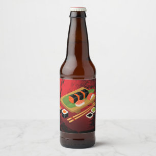 Rótulo Para Garrafa De Cerveja Chic Moderno Elegante Sushi Preto & Vermelho