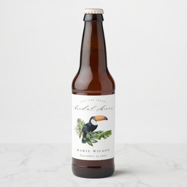 Rótulo Para Garrafa De Cerveja Chuva Elegante De Floresta Tropical Toucan Shower  (Frente)