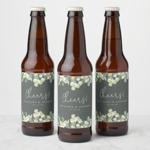 Rótulo Para Garrafa De Cerveja Cinza-Morango Verde+Casamento no inverno Eucalyptu