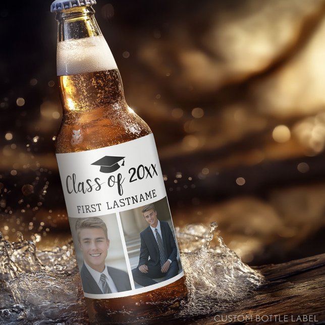 Rótulo Para Garrafa De Cerveja Classe do ano e nome Graduação 2 Fotos Clássica (Custom Graduation Party Label)
