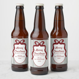 Rótulo Para Garrafa De Cerveja Clássico Natal Listras Verde Escuro & Laço Vermelh
