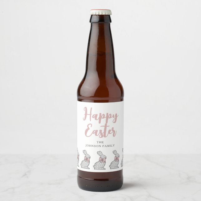 Rótulo Para Garrafa De Cerveja Coelho Rosa Fofo Feliz Páscoa (Frente)