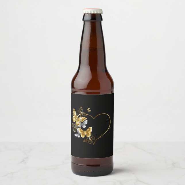 Rótulo Para Garrafa De Cerveja Coração com Borboletas Ouros (Frente)