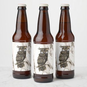 Rótulo Para Garrafa De Cerveja Coruja Camuflada em Mármore Marrom
