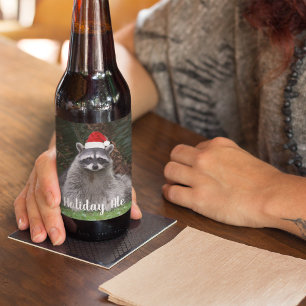Rótulo Para Garrafa De Cerveja Cute Raccoon Vestindo o Natal Hat Holiday