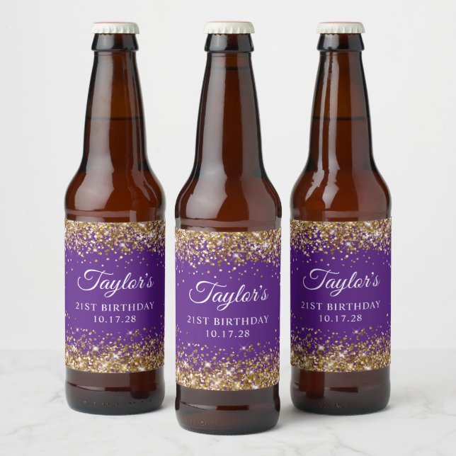 Rótulo Para Garrafa De Cerveja Dourada Glitter Royal Purple aniversário de 21 ano (Garrafas)