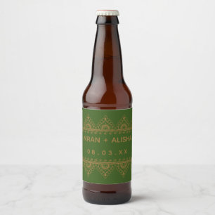 Rótulo Para Garrafa De Cerveja Dourado casamento indiano Henna Paisley Green
