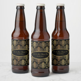 Rótulo Para Garrafa De Cerveja Dourado Damask Black Script Weding Elegante