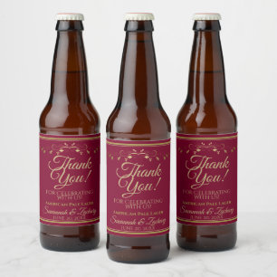 Rótulo Para Garrafa De Cerveja Dourado no casamento Burgundy Maroon Obrigado