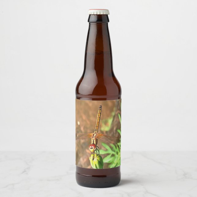 Rótulo Para Garrafa De Cerveja Dragonfly Artística Descendo Na Cabeça Da Flor (Frente)