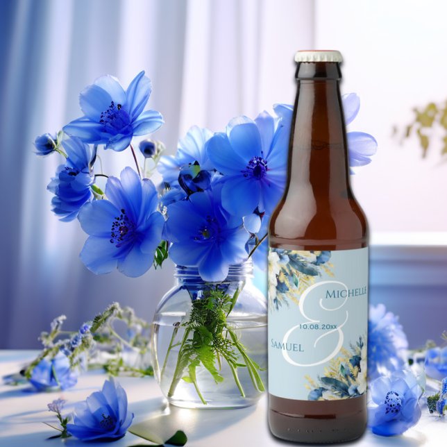 Rótulo Para Garrafa De Cerveja Dusty Blue Dourado Casamento Floral (Criador carregado)
