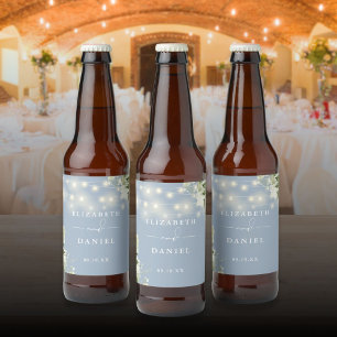 Rótulo Para Garrafa De Cerveja Dusty Blue String Lights Floral Greenery Casamento