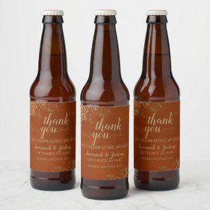 Rótulo Para Garrafa De Cerveja Elegante Dourado Lace no Casamento Rust Orange Obr