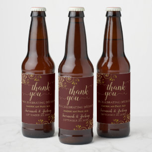 Rótulo Para Garrafa De Cerveja Elegante Dourado no casamento Burgundy Brown Obrig