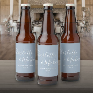 Rótulo Para Garrafa De Cerveja Elegante Script Casamento Azul Poeirento Assinatur