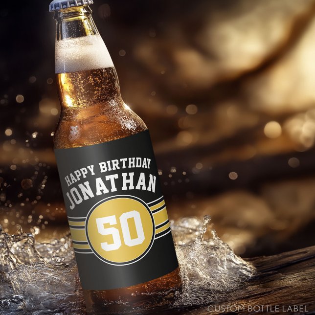 Rótulo Para Garrafa De Cerveja Feliz Aniversário de Esportes com Dourado de Idade (Custom Beer Bottle Label)