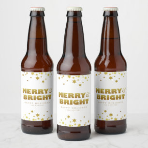 Rótulo Para Garrafa De Cerveja Feliz e Brilho Natal divertido Branco e Dourado