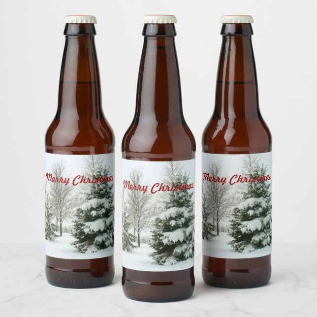 Rótulo Para Garrafa De Cerveja Feliz Natal, árvores de abeto com neve (Garrafas)